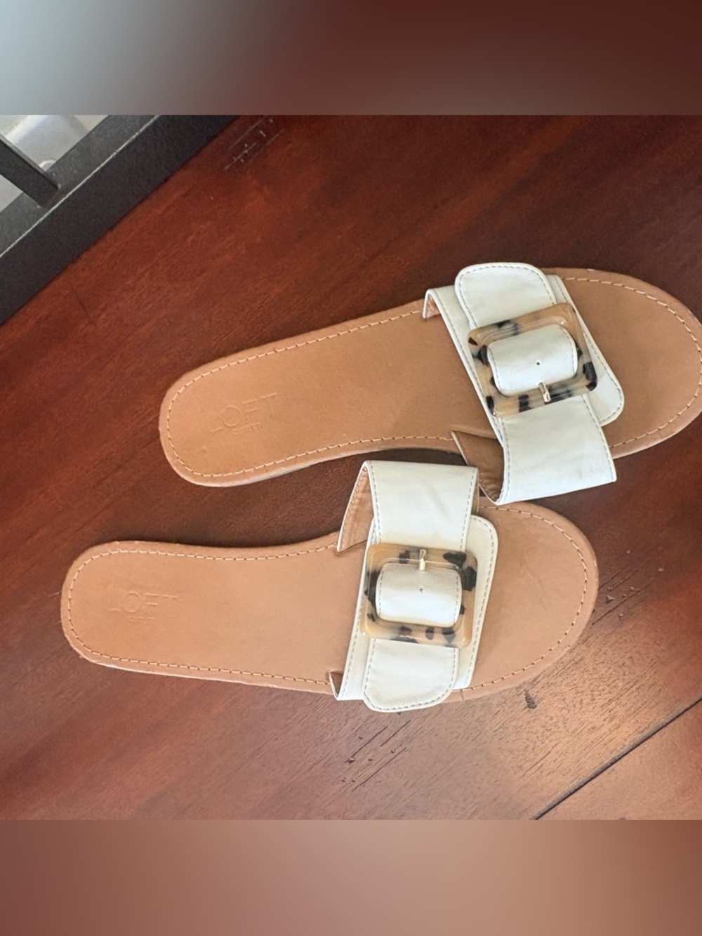 LOFT White Leather Slide Sandals with Tortoiseshell Buckle